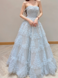 Ndyad Strapless A-Line Long Prom Dresses Tulle Ice Blue Formal Dresses Birthday Dresses HZ1024