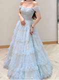 Ndyad Strapless A-Line Long Prom Dresses Tulle Ice Blue Formal Dresses Birthday Dresses HZ1024
