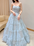 Ndyad Strapless A-Line Long Prom Dresses Tulle Ice Blue Formal Dresses Birthday Dresses HZ1024