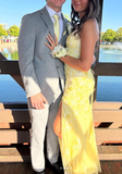 Ndyad Spaghetti Strap Sheath Long Prom Dresses Applique Tulle Yellow Evening Dresses with Slits HZ1024