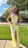 Ndyad Spaghetti Strap Sheath Long Prom Dresses Applique Tulle Yellow Evening Dresses with Slits HZ1024