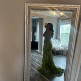 Ndyad Strapless Sheath Long Prom Dresses Applique Sequin Tulle Olive Green Bithday Dresses HZ1024