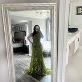 Ndyad Strapless Sheath Long Prom Dresses Applique Sequin Tulle Olive Green Bithday Dresses HZ1024