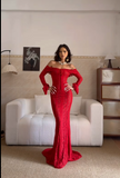 Ndyad Off-the-shoulder Sheath Long Prom Dresses, Lace Burgundy Long Birthday Dresses, Long-sleeved Burgundy Formal Dresses HZ1024
