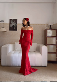 Ndyad Off-the-shoulder Sheath Long Prom Dresses, Lace Burgundy Long Birthday Dresses, Long-sleeved Burgundy Formal Dresses HZ1024