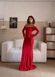 Ndyad Off-the-shoulder Sheath Long Prom Dresses, Lace Burgundy Long Birthday Dresses, Long-sleeved Burgundy Formal Dresses HZ1024