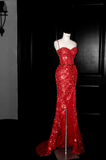 Ndyad Spaghetti Strap Sheath Long Prom Dresses, Sequined Burgundy Long Birthday Dresses, Slit Formal Dresses HZ1024