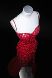 Ndyad Spaghetti Strap Sheath Long Prom Dresses, Sequined Burgundy Long Birthday Dresses, Slit Formal Dresses HZ1024