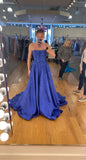 Ndyad Strapless A-line Blue Long Prom Dresses Shimmering Satin Blue Long Birthday Dresses HZ1024