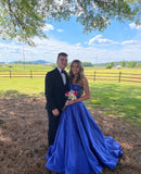 Ndyad Strapless A-line Blue Long Prom Dresses Shimmering Satin Blue Long Birthday Dresses HZ1024