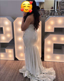Ndyad V-neck Mermaid Light Grey Long Prom Dresses Rhinestone Light Grey Evening Dresses HZ1024