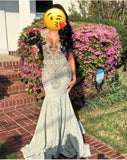 Ndyad V-neck Mermaid Light Grey Long Prom Dresses Rhinestone Light Grey Evening Dresses HZ1024