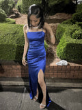 Ndyad Spaghetti Strap Sheath Blue Long Prom Dresses with Open Back Satin Blue Slit Long Birthday Dresses HZ1024
