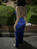 Ndyad Spaghetti Strap Sheath Blue Long Prom Dresses with Open Back Satin Blue Slit Long Birthday Dresses HZ1024