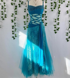 Ndyad Strap A-Line Blue Long Prom Dresses Beaded Lace Blue Formal Dresses HZ1024