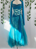 Ndyad Strap A-Line Blue Long Prom Dresses Beaded Lace Blue Formal Dresses HZ1024