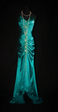 Ndyad V-neck Sheath Turquoise Long Prom Dresses Beaded Satin Turquoise Evening Dresses HZ1024