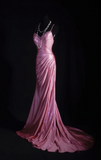Ndyad Spaghetti Strap Sheath Pink Long Prom Dresses Silk Pleated Pink Evening Dresses HZ1024