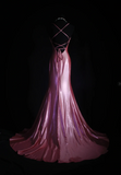 Ndyad Spaghetti Strap Sheath Pink Long Prom Dresses Silk Pleated Pink Evening Dresses HZ1024