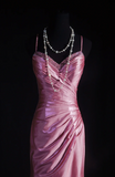 Ndyad Spaghetti Strap Sheath Pink Long Prom Dresses Silk Pleated Pink Evening Dresses HZ1024