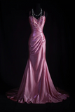 Ndyad Spaghetti Strap Sheath Pink Long Prom Dresses Silk Pleated Pink Evening Dresses HZ1024