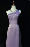 Ndyad Asymmetric Neck Sheath Lavender Long Prom Dresses Satin Lavender Evening Dresses HZ1024