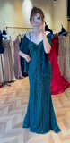 Ndyad Spaghetti Strap Mermaid Teal Long Prom Dresses Tulle Beaded Teal Wedding Guest Dresses HZ1024
