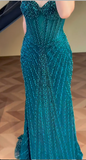 Ndyad Spaghetti Strap Mermaid Teal Long Prom Dresses Tulle Beaded Teal Wedding Guest Dresses HZ1024