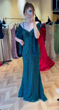 Ndyad Spaghetti Strap Mermaid Teal Long Prom Dresses Tulle Beaded Teal Wedding Guest Dresses HZ1024