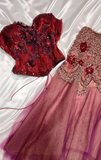 Ndyad Two-Piece Corset Burgundy Prom Dresses Beaded Tulle Burgundy Formal Dresses HZ1024