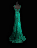 Ndyad V-neck Mermaid Green Long Prom Dresses Beaded Applique Tulle Green Evening Dresses HZ1024