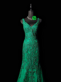 Ndyad V-neck Mermaid Green Long Prom Dresses Beaded Applique Tulle Green Evening Dresses HZ1024