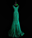 Ndyad V-neck Mermaid Green Long Prom Dresses Beaded Applique Tulle Green Evening Dresses HZ1024