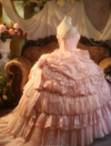 Ndyad Strapless Ball Gown Pink Long Prom Dresses Lace Pink Quinceanera Dresses Sweet 16 Dress HZ1024