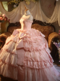 Ndyad Strapless Ball Gown Pink Long Prom Dresses Lace Pink Quinceanera Dresses Sweet 16 Dress HZ1024
