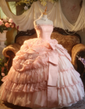 Ndyad Strapless Ball Gown Pink Long Prom Dresses Lace Pink Quinceanera Dresses Sweet 16 Dress HZ1024