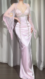 Ndyad Spaghetti Strap Sheath Pink Long Prom Dresses Beaded Satin Pink Evening Dresses HZ1024