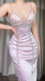 Ndyad Spaghetti Strap Sheath Pink Long Prom Dresses Beaded Satin Pink Evening Dresses HZ1024
