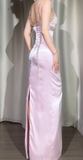 Ndyad Spaghetti Strap Sheath Pink Long Prom Dresses Beaded Satin Pink Evening Dresses HZ1024