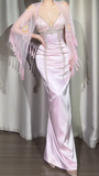 Ndyad Spaghetti Strap Sheath Pink Long Prom Dresses Beaded Satin Pink Evening Dresses HZ1024