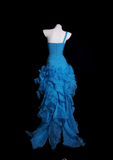 Ndyad One Shoulder Sheath Blue Hi-lo Prom Dresses Tulle Blue Evening Dresses HZ1024