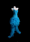 Ndyad One Shoulder Sheath Blue Hi-lo Prom Dresses Tulle Blue Evening Dresses HZ1024