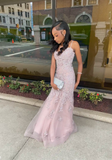 Ndyad Spaghetti Strap Mermaid Pink Prom Dresses Tulle Applique Pink Evening Dresses HZ1024