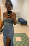 Ndyad Strapless Sheath Blue Long Prom Dresses Glitter Chiffon Blue Evening Dresses with Slit HZ1024