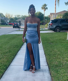 Ndyad Strapless Sheath Blue Long Prom Dresses Glitter Chiffon Blue Evening Dresses with Slit HZ1024
