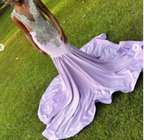 Ndyad Jewel Mermaid Lilac Long Prom Dresses Beaded Satin Lilac Evening Dresses HZ1024