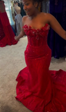 Ndyad Sweetheart Mermaid Burgundy Long Prom Dresses Beaded Satin Burgundy Evening Dresses HZ1024