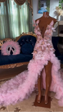Ndyad Sweetheart Sheath Pink Long Prom Dresses with Slit Beaded Tulle Pink Evening Dresses HZ1024
