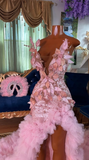 Ndyad Sweetheart Sheath Pink Long Prom Dresses with Slit Beaded Tulle Pink Evening Dresses HZ1024