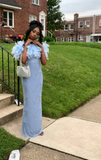 Ndyad Off-the-shoulder Sheath Blue Long Prom Dresses Chiffon Blue Formal Dresses HZ1024